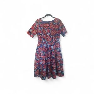 ModCloth Large Floral Dress Cottagecore Retro Fit & Flare Red Blue Pink
